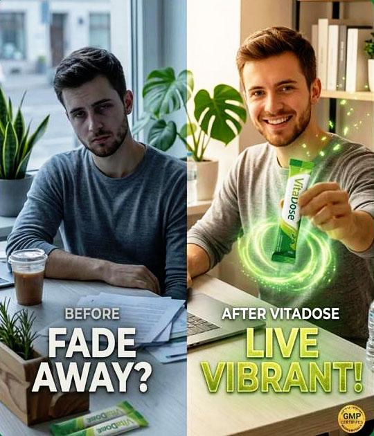 Before and after: a tired man at his desk versus an energized man holding a VitaDose stick