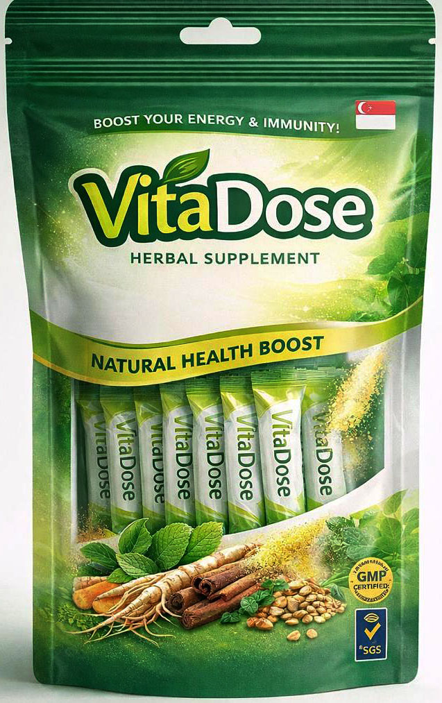 VitaDose Herbal Supplement pouch, Natural Health Boost, with GMP certified and SGS marks