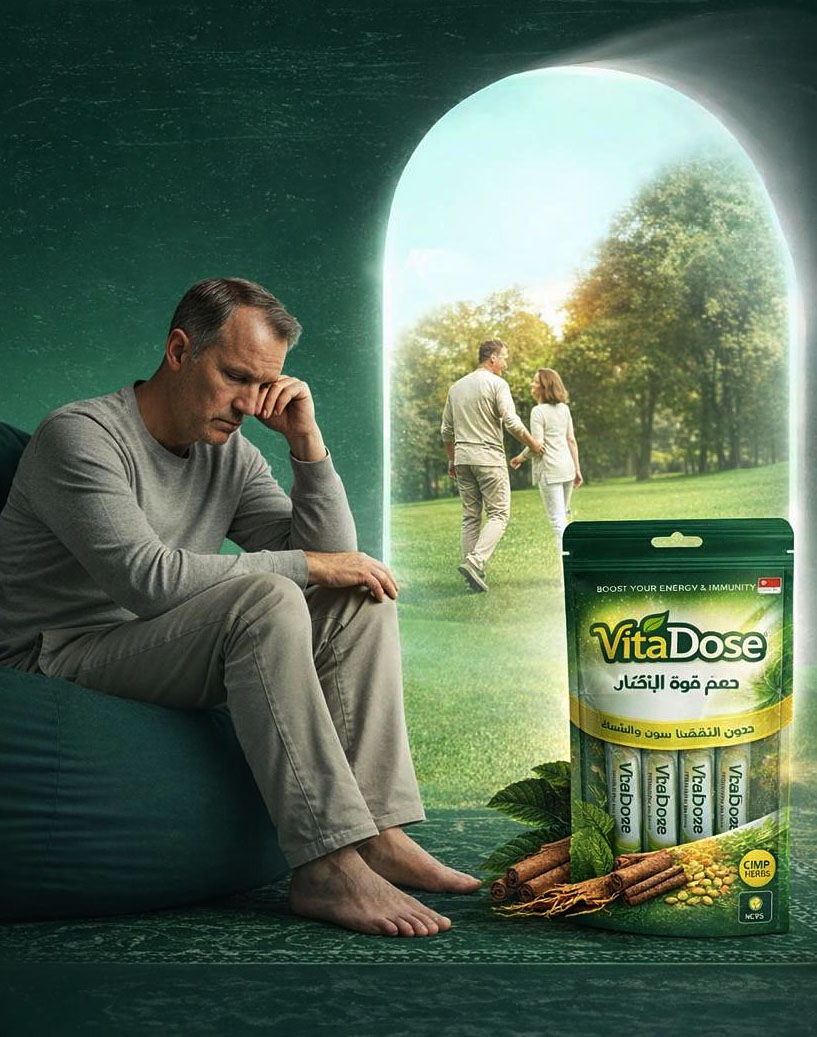 A tired man on a bean bag looks toward a bright doorway where a couple walk hand in hand, next to a VitaDose pouch